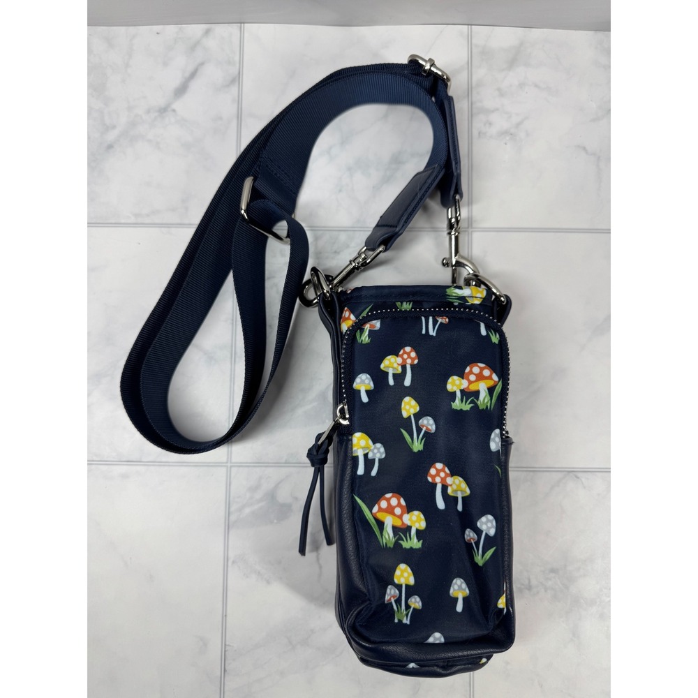 Navy Blue Mushroom Print Crossbody Phone Bag Card Wallet Adjustable Strap EUC